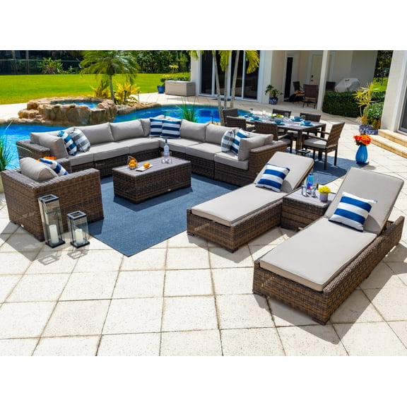 Tuscany 19-Piece Resin Wicker Outdoor Patio Furniture Combination Set in Brown w/ Sectional Set, Six-seat Dining Set, and Chaise Lounge Set (Half-Round Brown Wicker, Polyester Light Gray)
