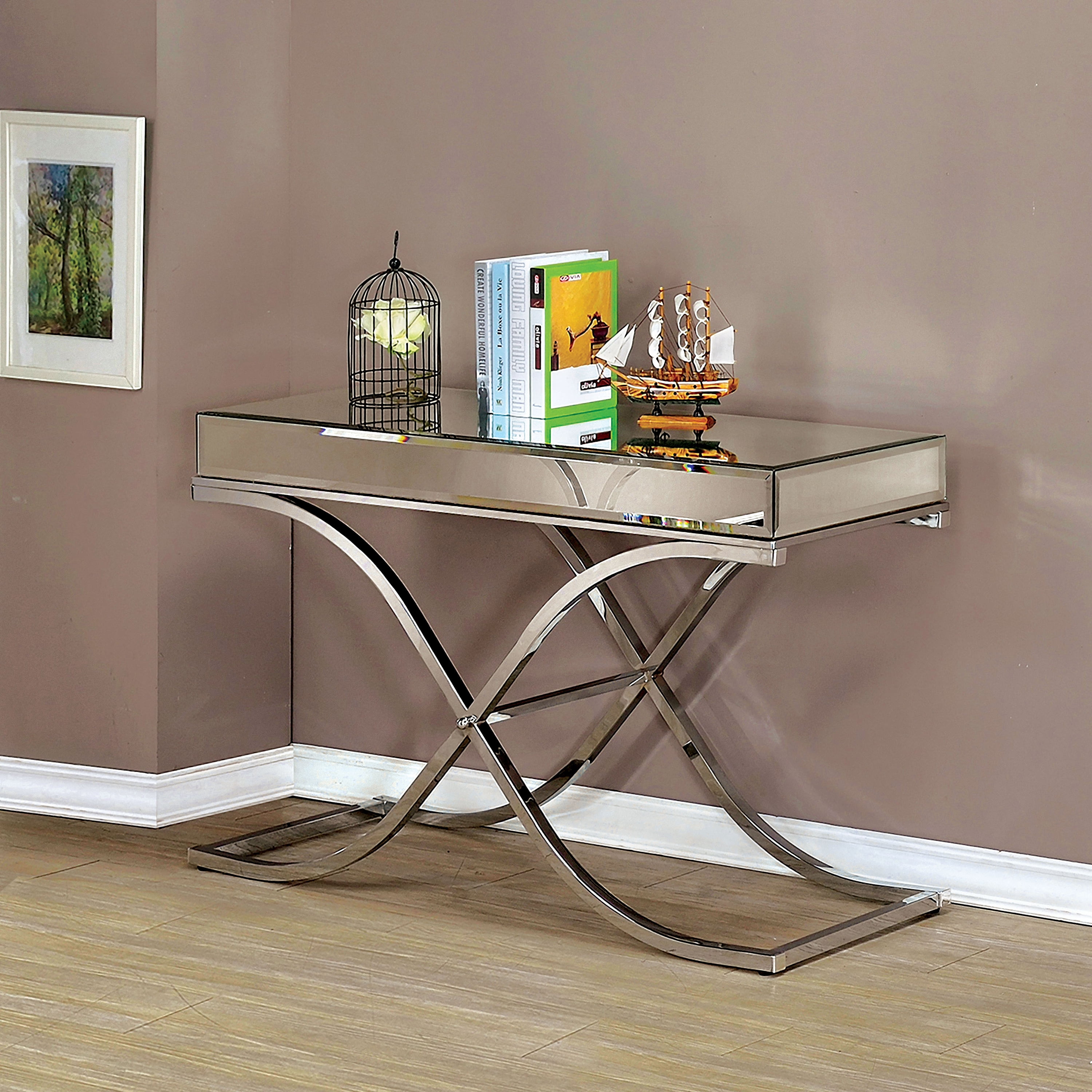 Furniture of America Monna Contemporary Mirrored Sofa Table, Brass