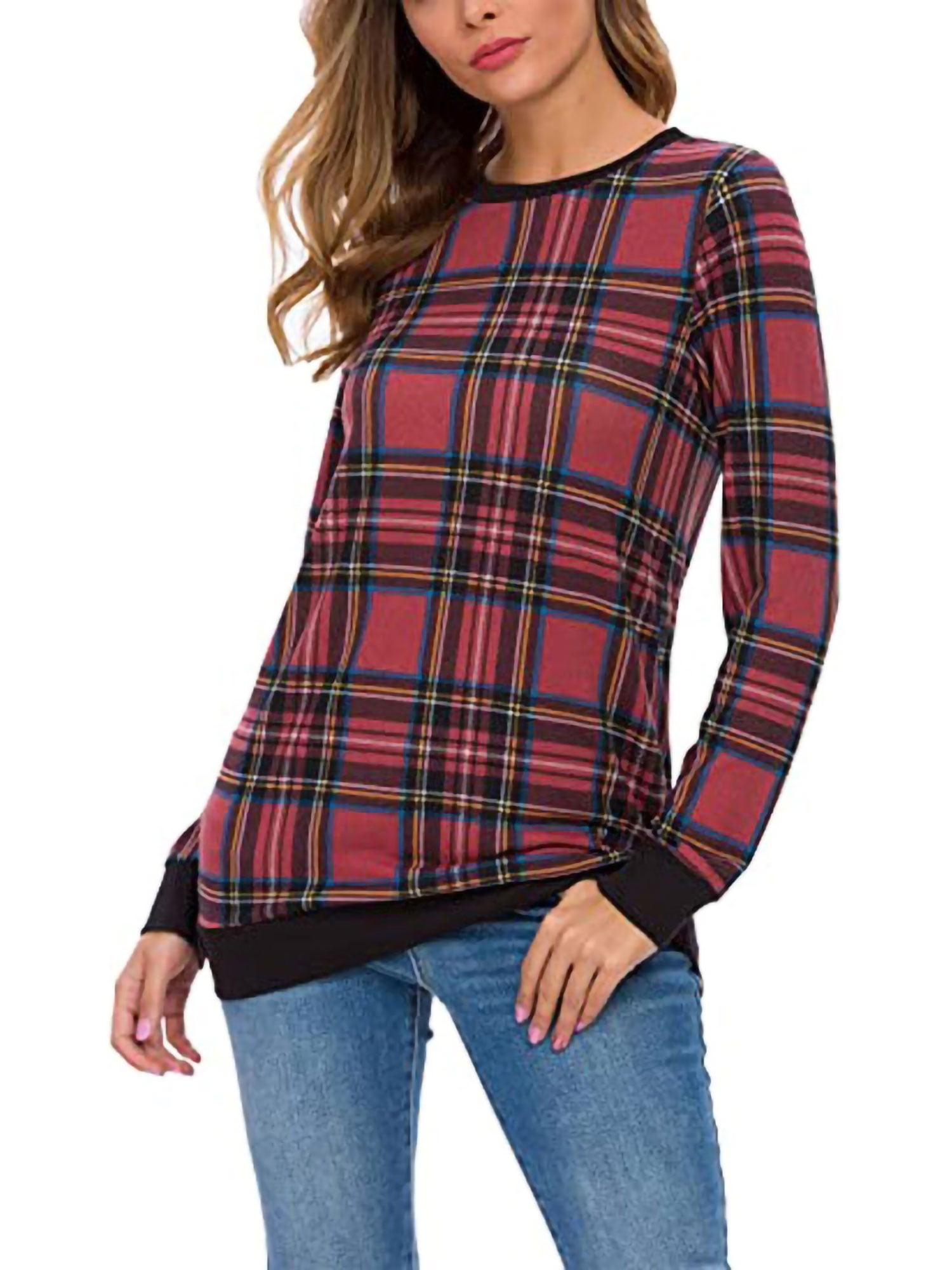 Uhndy Long Sleeve T Shirt Ladies Round Neck Plaid Casual Shirt