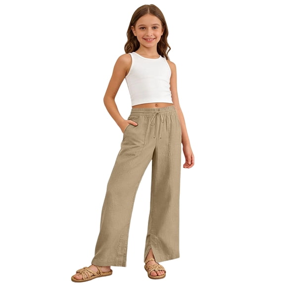 Staki Girl's Wide Leg Casual Linen Pants Elastic High Waisted Long Loose Trousers 4-14 Years,9-10 Years