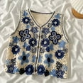 thumbnail image 4 of Sorrowso Women Hollow Crochet Knit Vest Waistcoat Beaded Embroidery Colorful Floral Sleeveless Cardigan Jacket Button Crop Top, 4 of 15