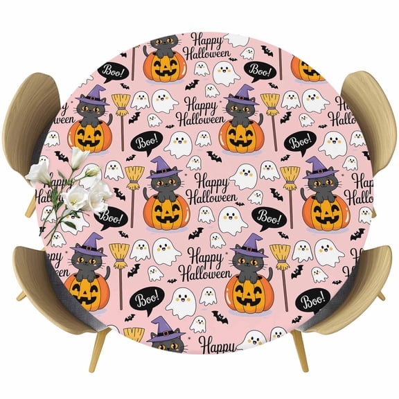 Pink Halloween Round Tablecloth, Fitted Table Cover with Elastic for 55"-60" Round Tables, Pumpkins Cat Ghost Black Bat Table Cloth Outdoor Indoor Dinning Party Waterproof Tablecloths