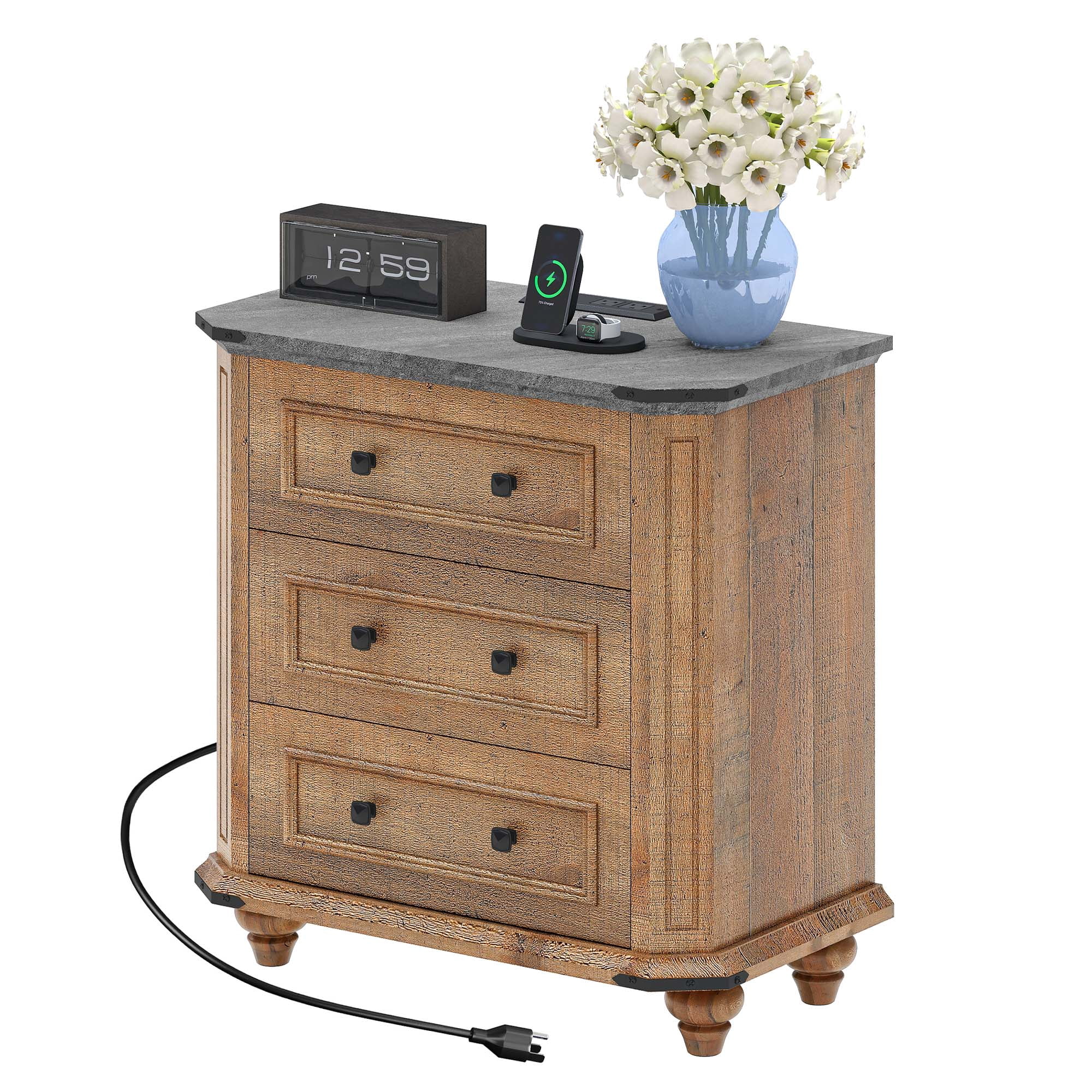 Uforic Rustic Nightstand with Charging Station & Drawers, Bedside Table for Bedroom, Brown