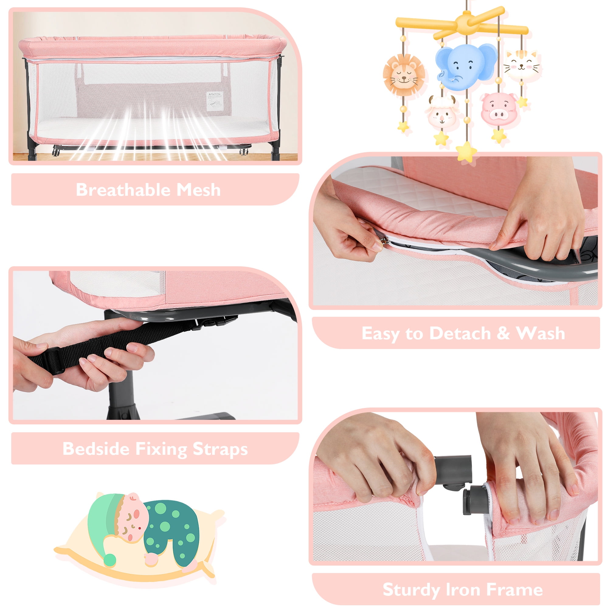 AILEEKISS Baby Bassinet with Wheels Adjustable Bedside Sleeper Bassinet Newborn Baby Crib, Pink