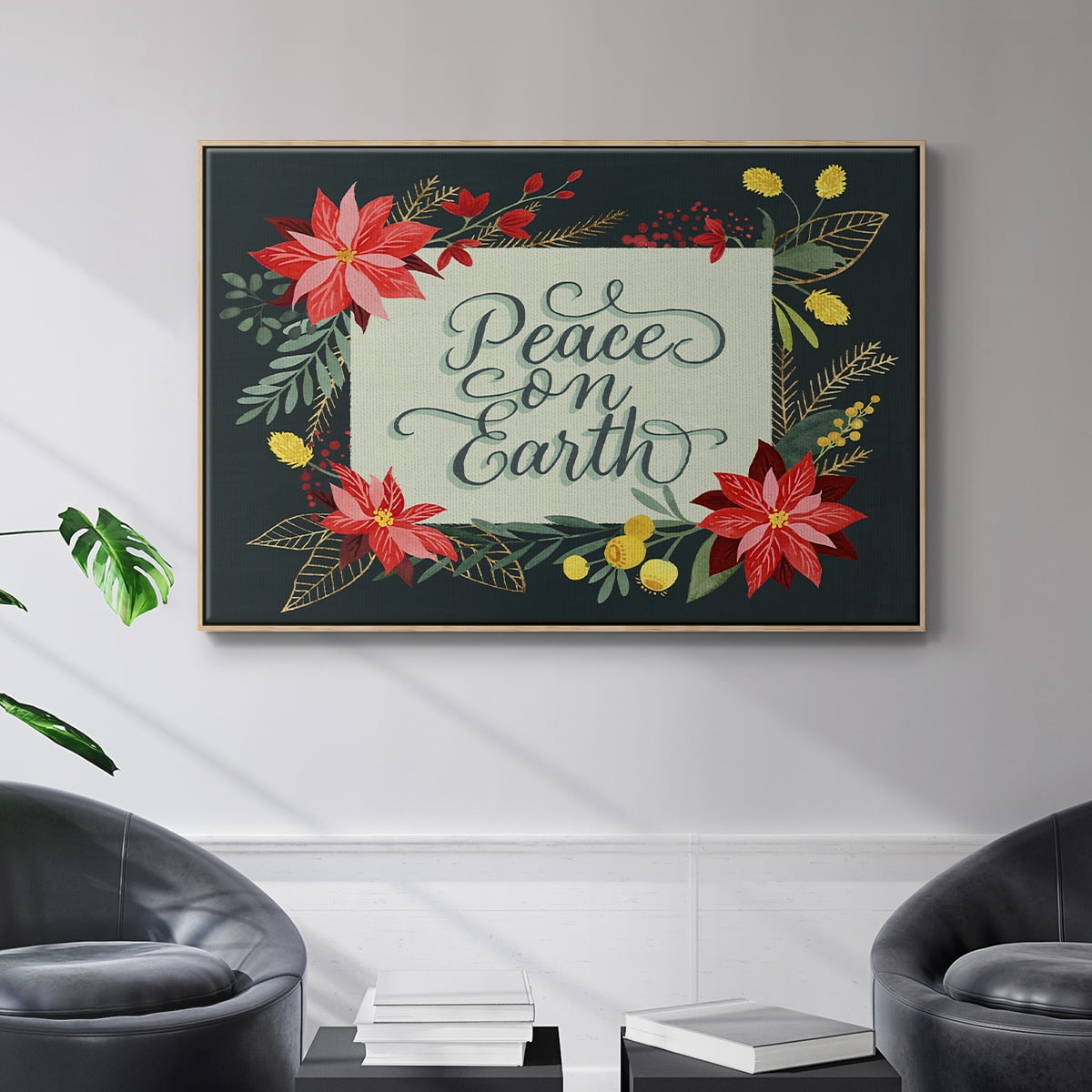 Bright Christmas Night II - Framed Gallery Wrapped Holiday Canvas - 25 x 37 - Natural Wood Frame