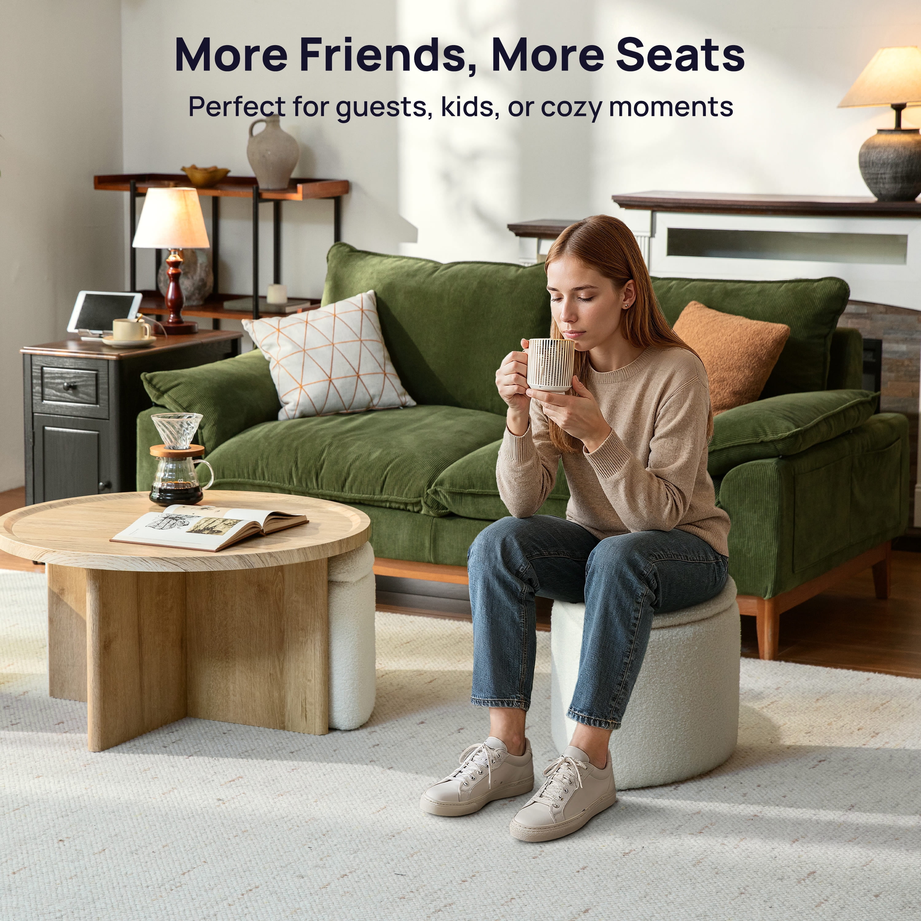 CHIC HOUSE Round Coffee Table for Living Room Table, Small Coffee Table with 4 Storage Stools Underneath, Mid-Century Wood Coffee Table Set with Teddy Velvet Storage Ottoman, Oak & White