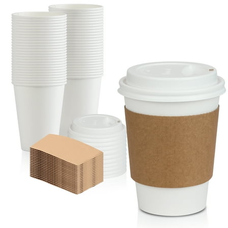 [100 Pack] White Coffee Cups with White Dome Lids and Brown Sleeves - 12oz Disposable Paper Coffee Cups - To Go Cups for Hot Chocolate, Tea, and Other Drinks - Ideal for Cafes, Bistros, and Businesses