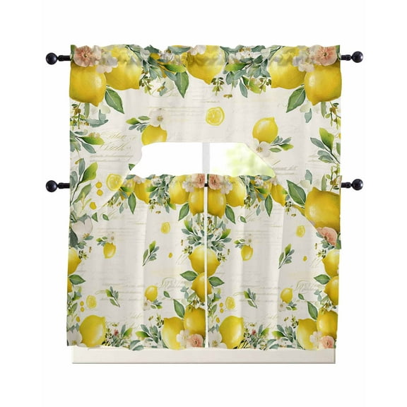 Vintage Lemon Kitchen Curtains Sets 36 Inch Length with Valance, Summer Fruit Rustic Botanical Floral Swag Valances and Tiers Curtain Set Drapes Swag Curtains for Living Room, Bathroom, Bedroom, Cafe
