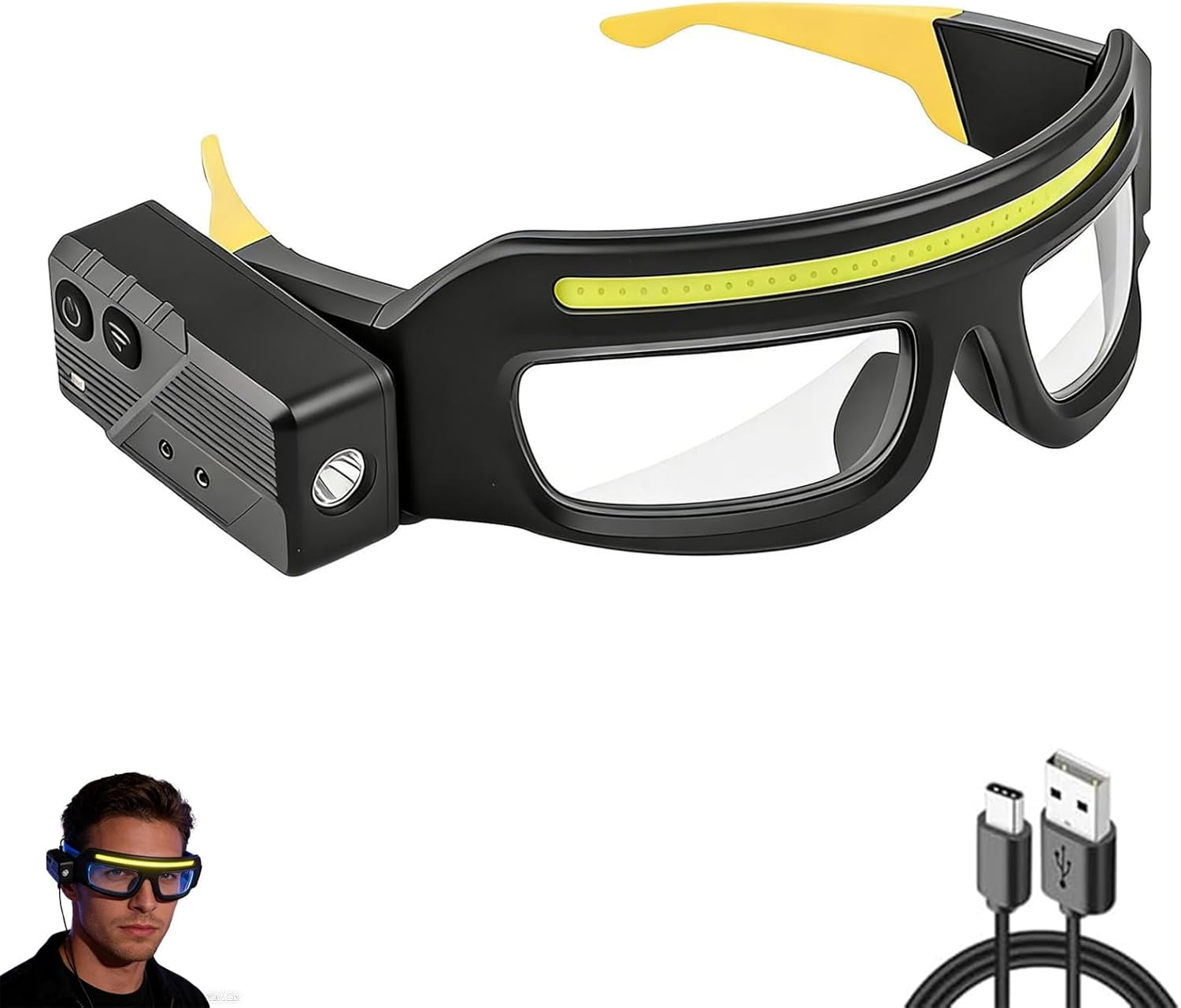 LED Rechargeable Headlamp Glasses: Motion Sensor & Touch Control Light-Up Eyewear (Yellow)（1pcs,H）