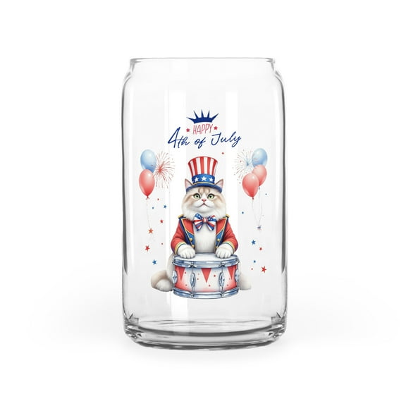Happy 4th of July Patriotic Ragdoll Marching Band Uniform Balloons Fireworks 16oz Glass Cup Mug Cat Lover Kitten Owner Gifts Idea Glass Can - 13009