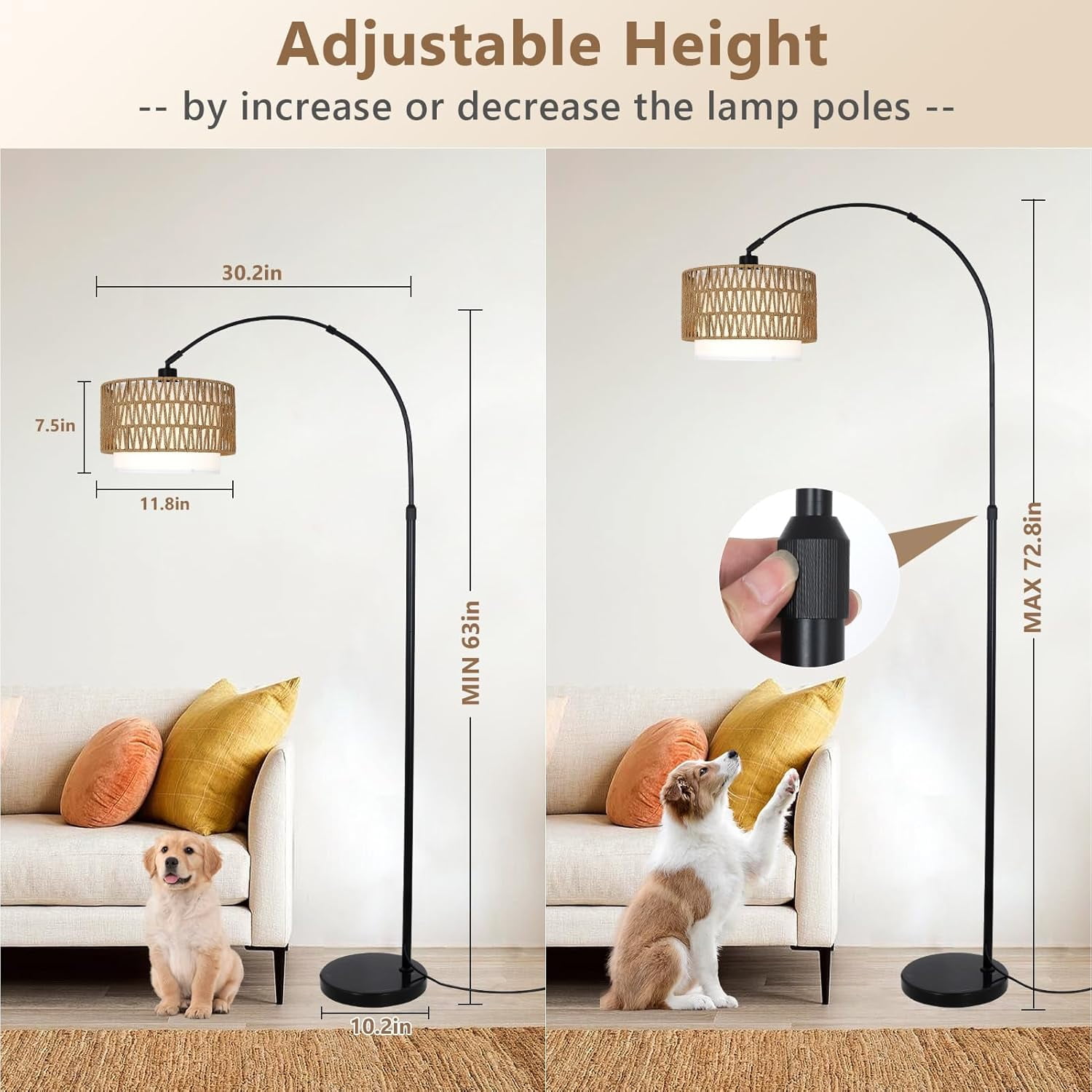 72" Arc Floor Lamp with Remote - Adjustable Height Led Standing Lamp with Rattan & Fabric Shade