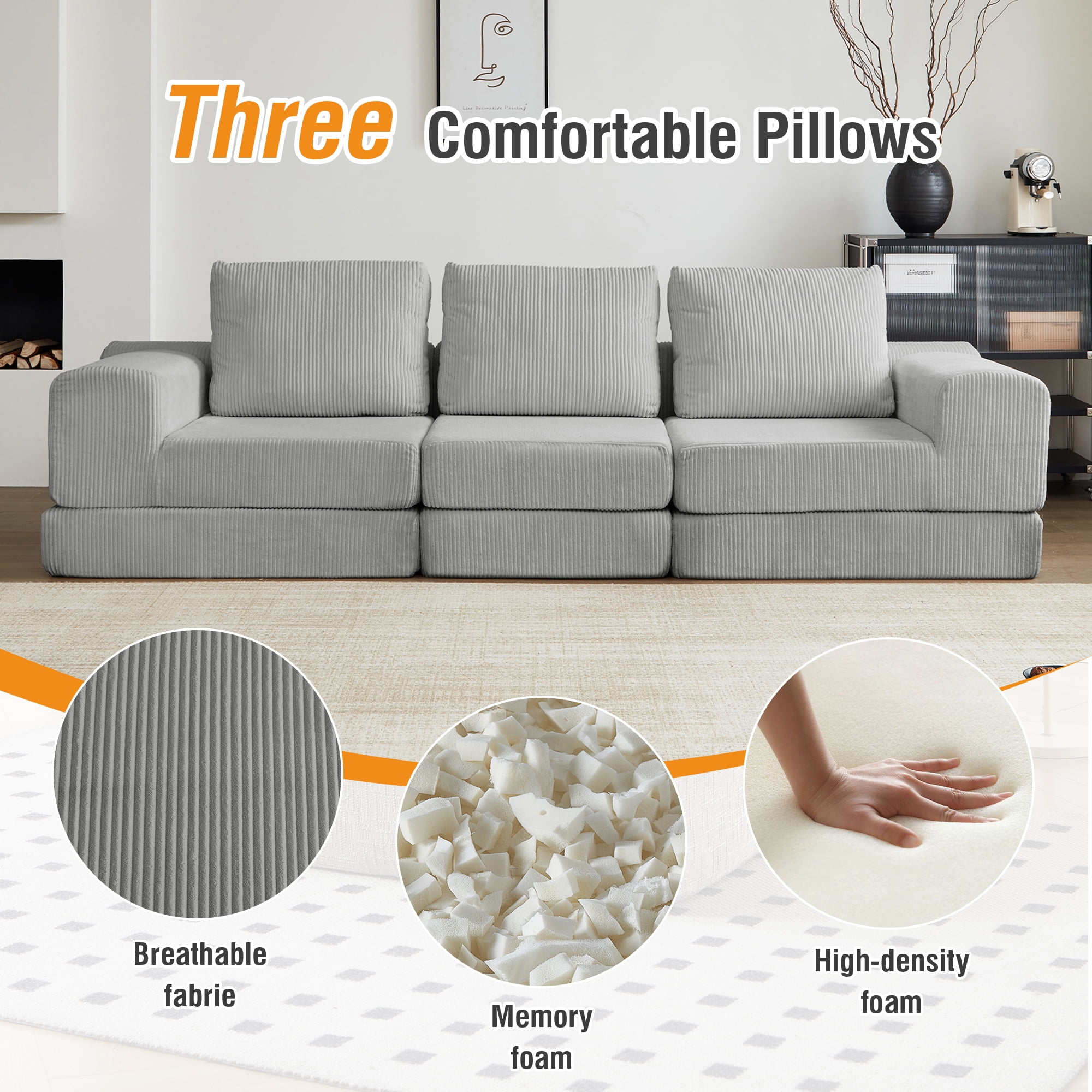 MOONMISS 108" Corduroy Upholstered Modular Oversized 3-Seater Convertible Comfy Compressed Sofa-Gray