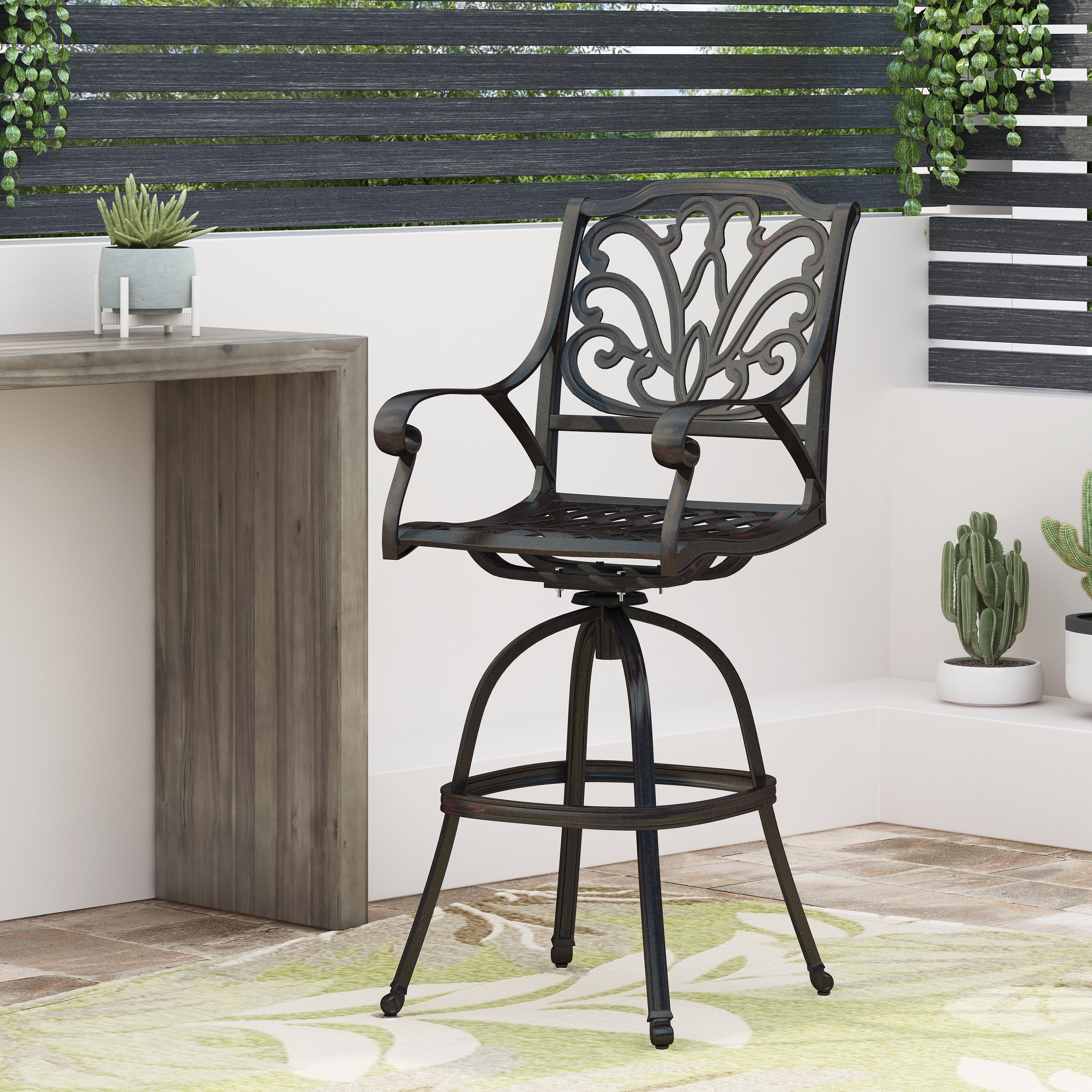 Outdoor Cast Aluminum Swivel Bar Stool, Rotatable Height Leisure Seat for Patio Garden, Bronze