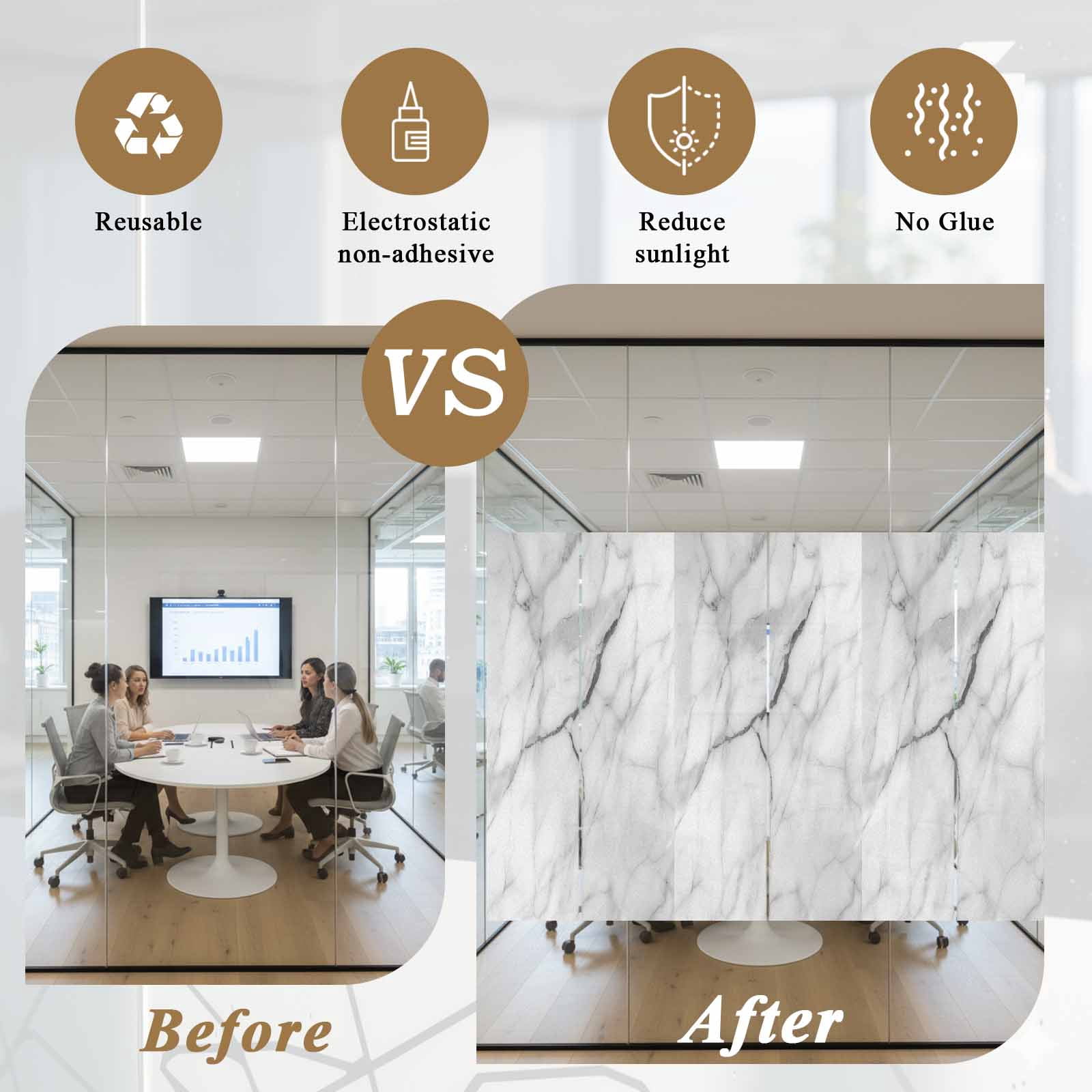 White Marble Window Privacy Film, Modern Geometric Abstract Minimalist Crack Static Cling UV Sun Blocking Heat Control Window Tint, Non-Adhesive One Way Windows Privacy Cover 35.4''x78.7''