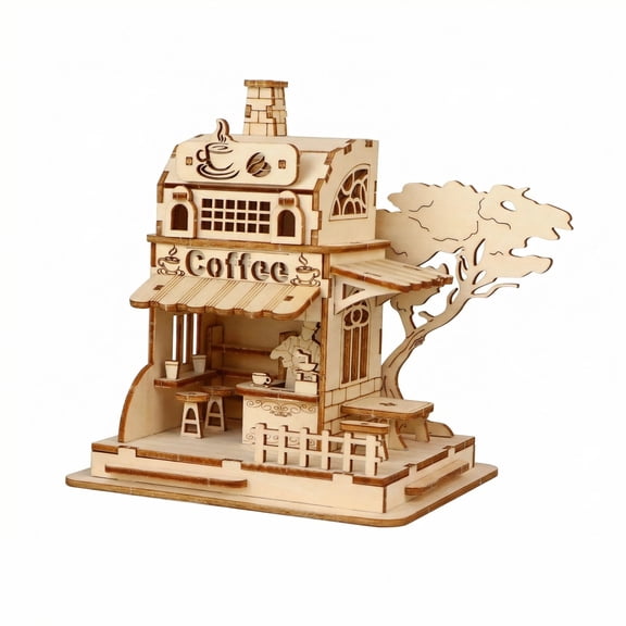 3D Wooden Puzzle Coffee Shop Model Kit - DIY Miniature House Building Set for Adults & Teens, Laser Cut Wood Craft Kit, Educational Hobby Gift for Coffee Lovers, Home Desk Decor