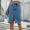 thumbnail image 3 of Defitshape Women's Denim Skirt High Waisted Fitted Summer Fashion Casual Button Spring Fall Vacation Midi Raw Hem Blue 12, 3 of 5