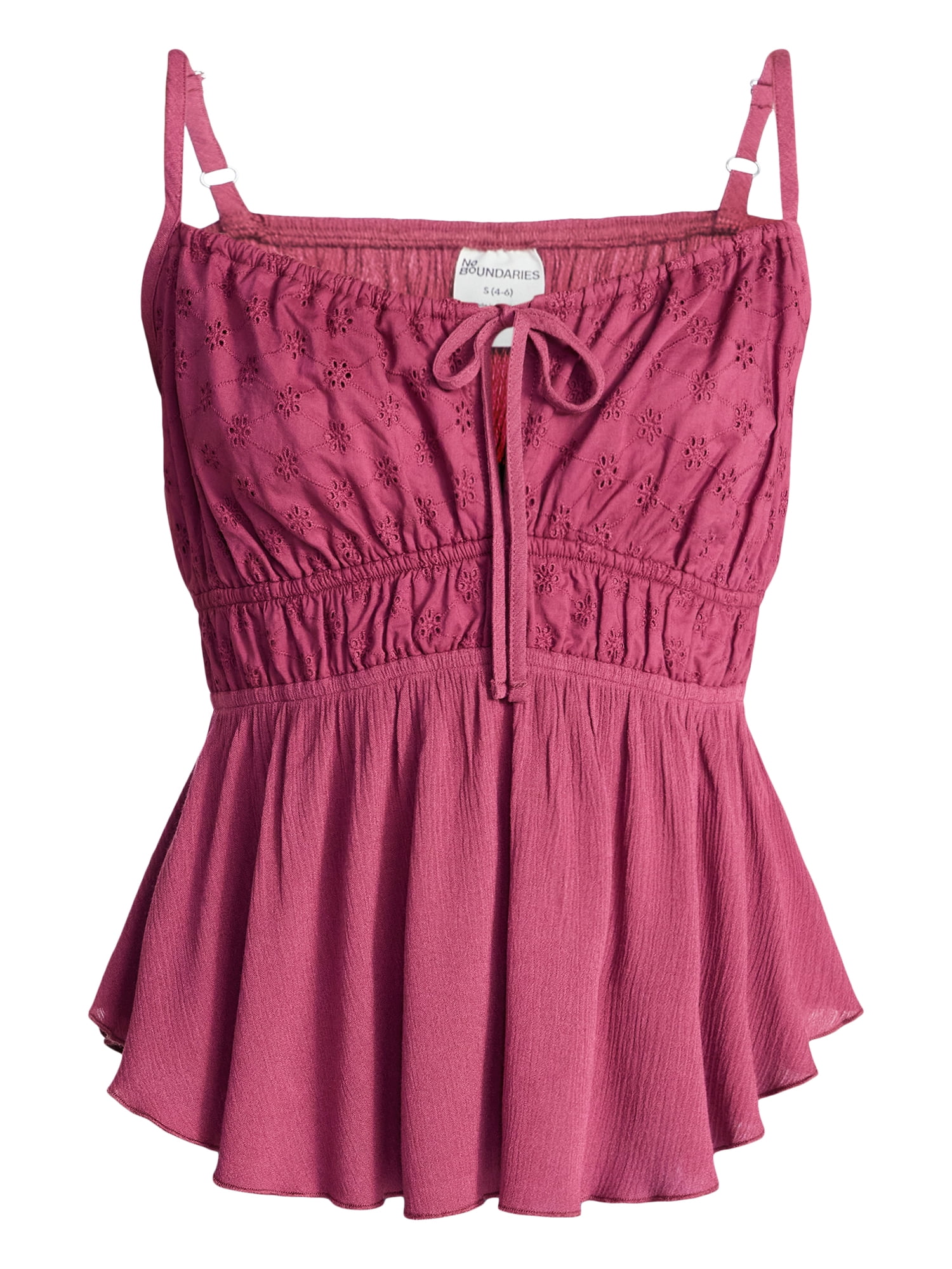 No Boundaries Eyelet Tie Front Cami, Women's XXS-XXL
