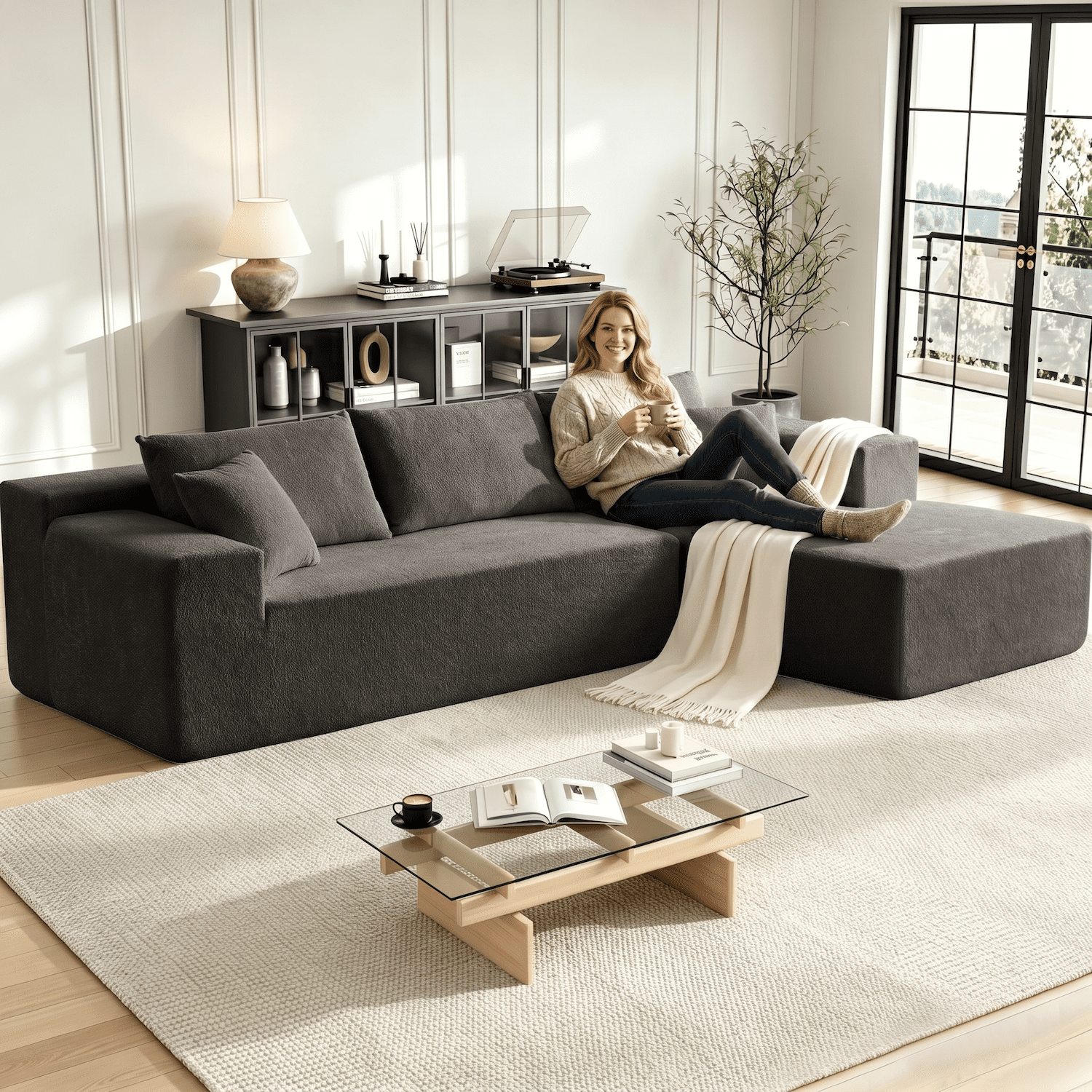 Xiweot 103" Boneless Sectional Sofa for Living Room, Memory Foam Cloud Modular Sectional Couch with Deep Seat, No Assembly Velvet L Shaped Sofa with Right Facing Chaise, Dark Gary
