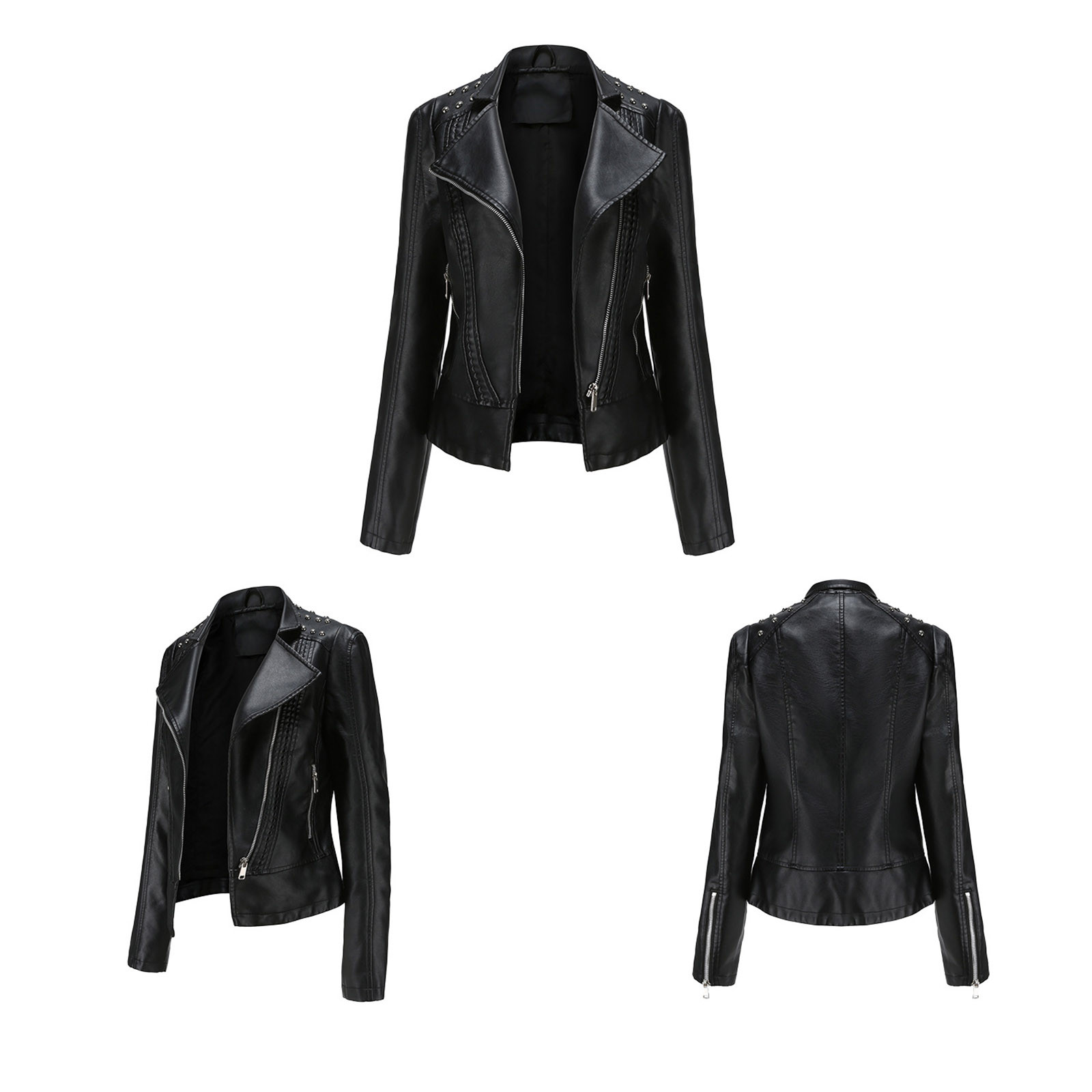 Leather Jacket for Women Fashion Faux Leather Zipper Motorcycle Jacket Plus Size Leather Tops Moto Biker Short - image 2 of 7