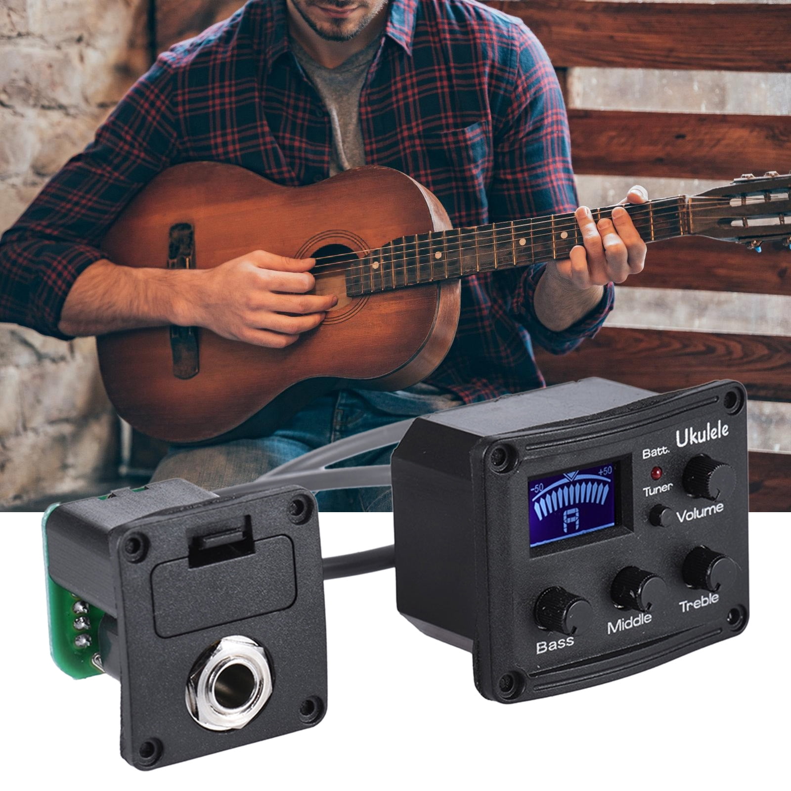 BIBABLYKE 3-Band Piezo Pickup Ukulele Preamp Amplifier Equalizer Tuner Systems Acoustic Electric Guitar Preamp Pickup Digital Tuner
