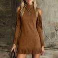 thumbnail image 5 of SAWOBUUN Womens Western Cowgirl Fringe Mini Dress Cold Shoulder Long Sleeve Faux Suede Tassel Bodycon Dress, 5 of 7