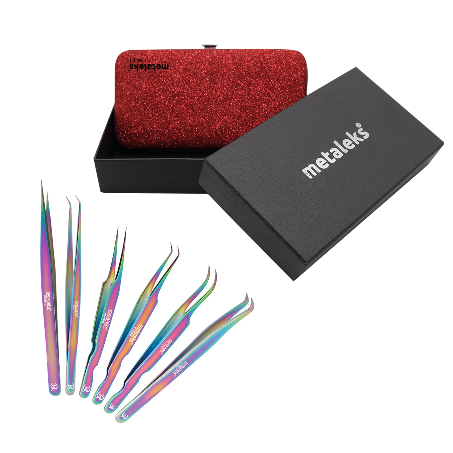 6PCS Complete Multi Titanium Coated Volume Tweezers Eyelash Extension Set With Red Metallic Magnetic Pouch
