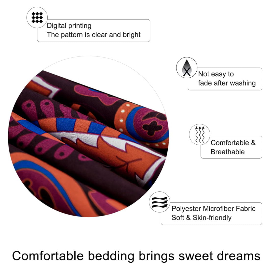 PiccoCasa 5pcs Polyester Duvet Cover Set Bohemian Bedding Set, Purple Queen