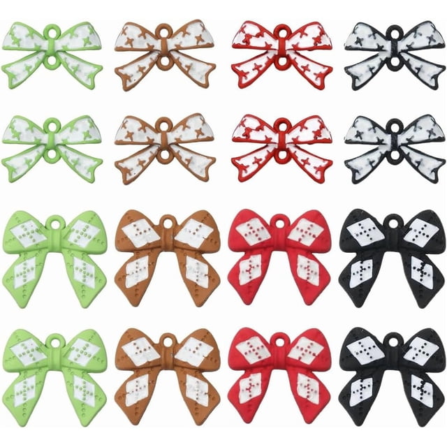 1 caja de 32 piezas de 8 estilos de dijes de lazo de metal, dijes de corbata coloridos, conectores de coqueta de dos agujeros a cuadros