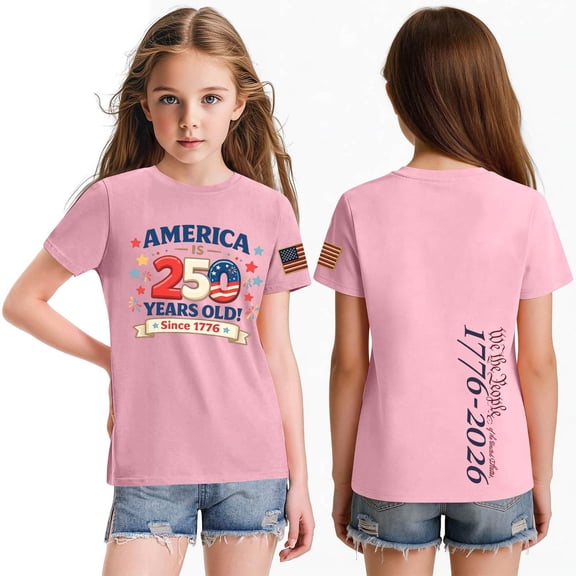 CCRFTGI 4th of July Tops for Child Girls 10-12 Short Sleeve Happy 250 anniversary usa Summer Cute Casual Tshirts Independence Day Teen Girl Clothes Tee Top Pink 7-8 Years