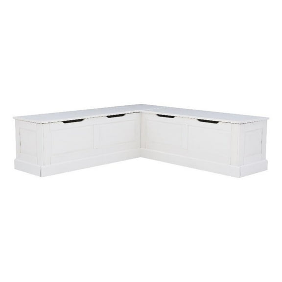 Linon Troyin White Wooden Storage Nook With Navy Cushions and Pillows