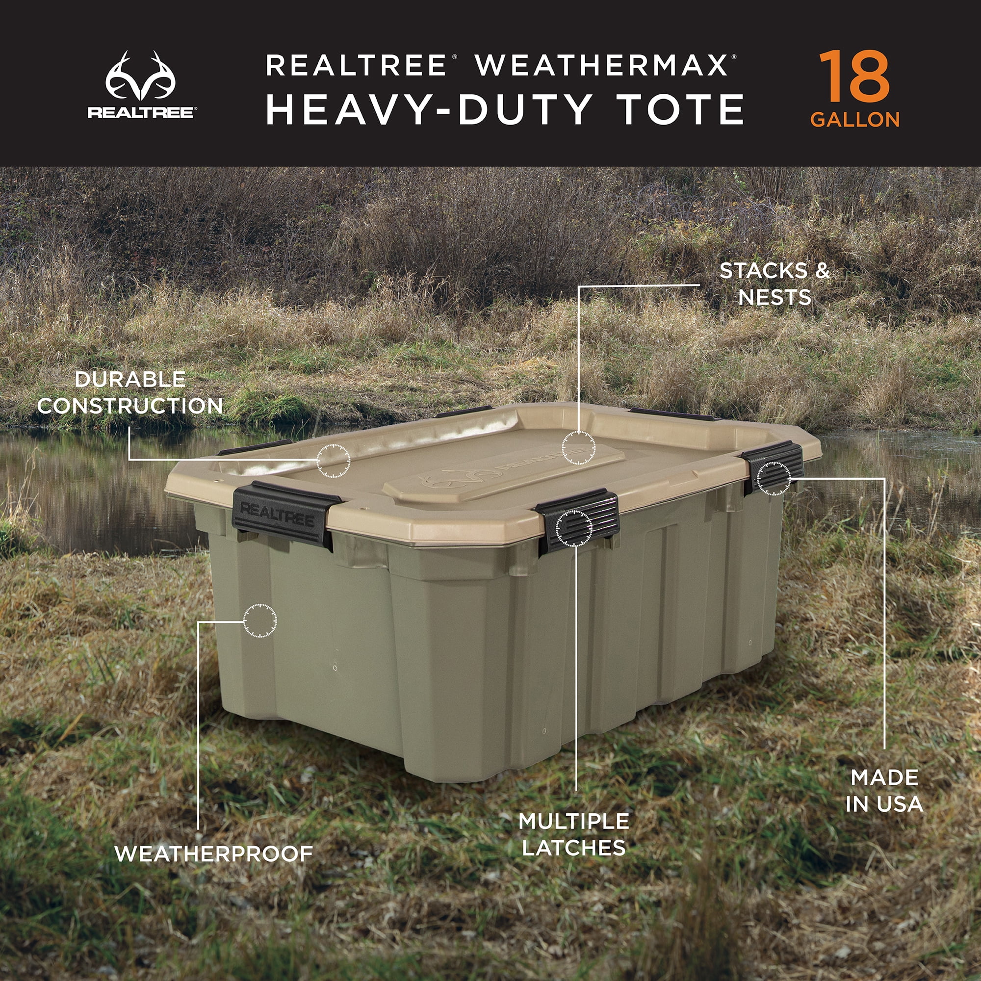 Realtree® WEATHERMAX™ 18 Gallon Green and Tan Storage Tote with Latching Lid, Heavy Duty Plastic Storage Bin, Pack of 2