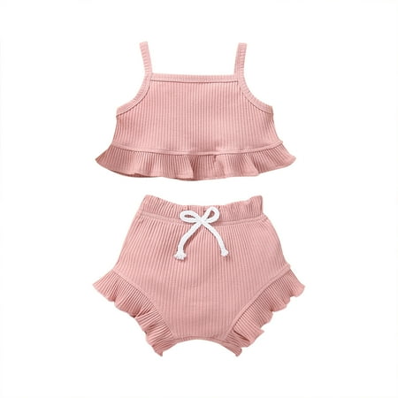 

Fesfesfes Toddler Baby Girls Solid Color Sling Cotton Clothes Comfortable Tow-piece Suit