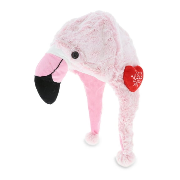 DolliBu I LOVE YOU Super Soft Plush Flamingo Hat - Cute Stuffed Animal with Red Heart For Valentine, Anniversary, Romantic Date, Costume Wild Life Plush Hat Gift For Boyfriend or Girlfriend - 16"