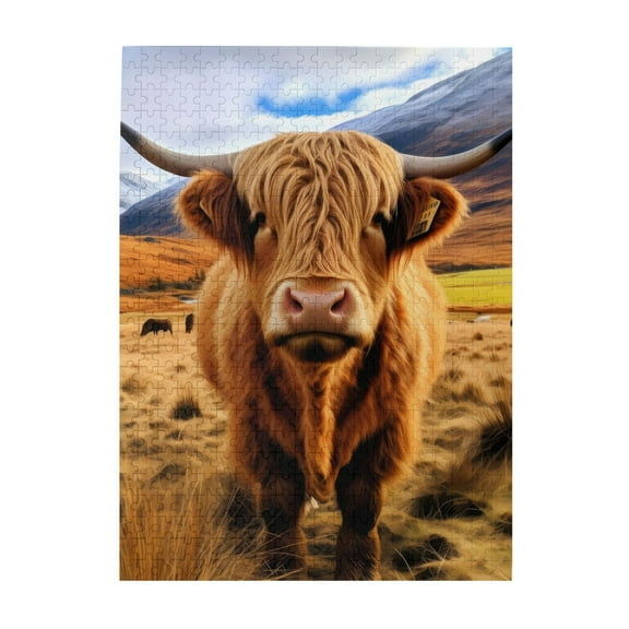 500-Piece Wooden Jigsaw Puzzle for Adults - Highland Cow Nature Landscape , Fun & Challenging Brain Teaser, Stylish Home Decor & Unique Gift