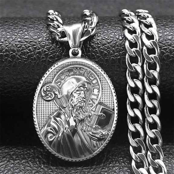 Saint Benedict Medallion Pendant Necklace Women Men Hip Hop Punk 14K White Gold Amulet Necklaces Jewelry San Benito