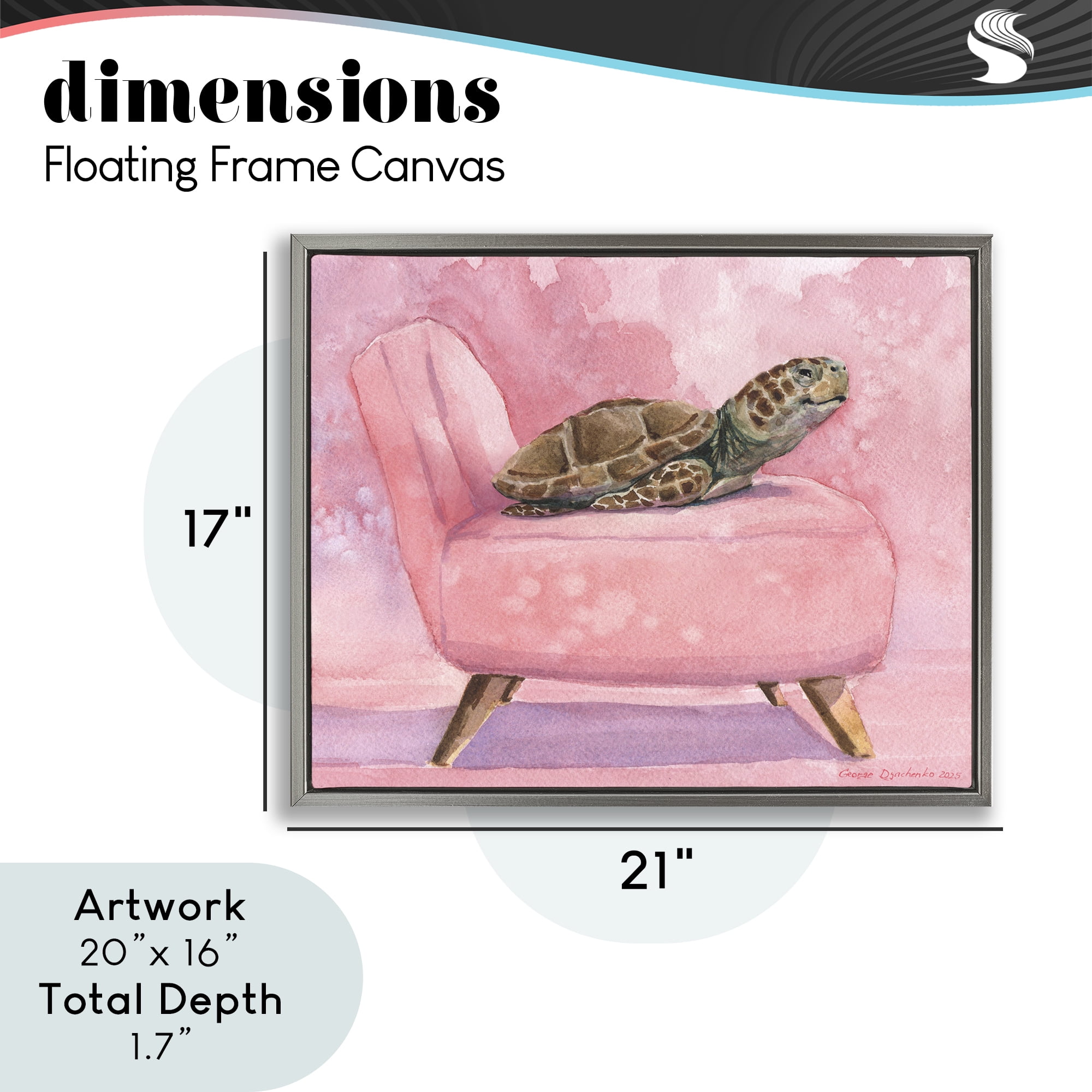 Stupell Industries Happy Turtle on Pink Chair Gray Framed Floater Canvas Wall Art, design by George Dyachenko