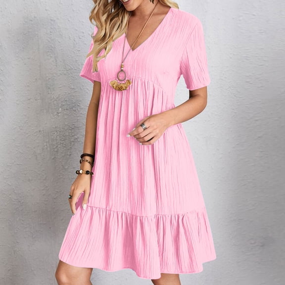 Guieoi Tiered Ruffle Dress Mini Tunic Dress A Line Summer V-Neck Short-Sleeve Flowy Babydoll Dress Sundress Pink XXXXL