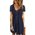 thumbnail image 3 of QUYUON Women Shirt Dress Summer Scoop Neck Short Sleeve Button Front Mini Dress Fit & Flare Solid Color Casual Dresses Pleated A-Line Beach Sundress Style A-212, 3 of 5