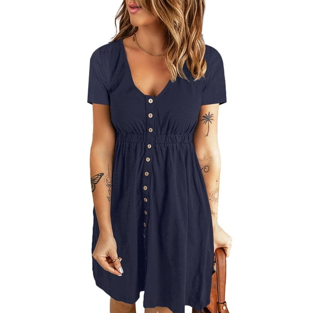 Gspmoly Robes d'Été, Mode Femme Décontractée Confortable Unie à Manches Courtes Col Rond Bouton Robe Longueur Genou Robes d'Été pour Femmes Liquidation