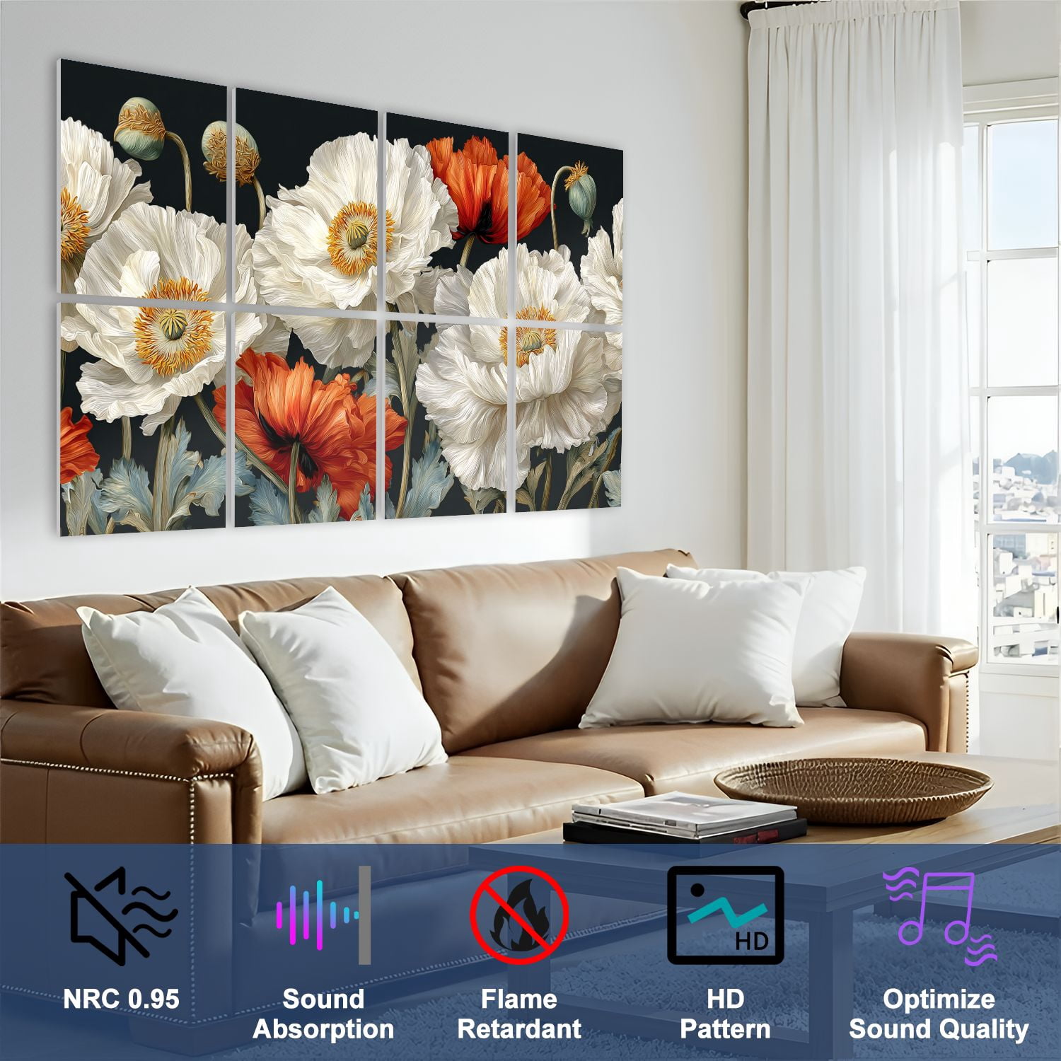 8 Pack Art Acoustic Panels Sound Absorbing Boho Flower Botanical Orange Wall Decor Flowers White Blossoms Orange Decorative Soundproof Wall Panels Self Adhesive for Nursery Game Room Bedroom 48"x32"