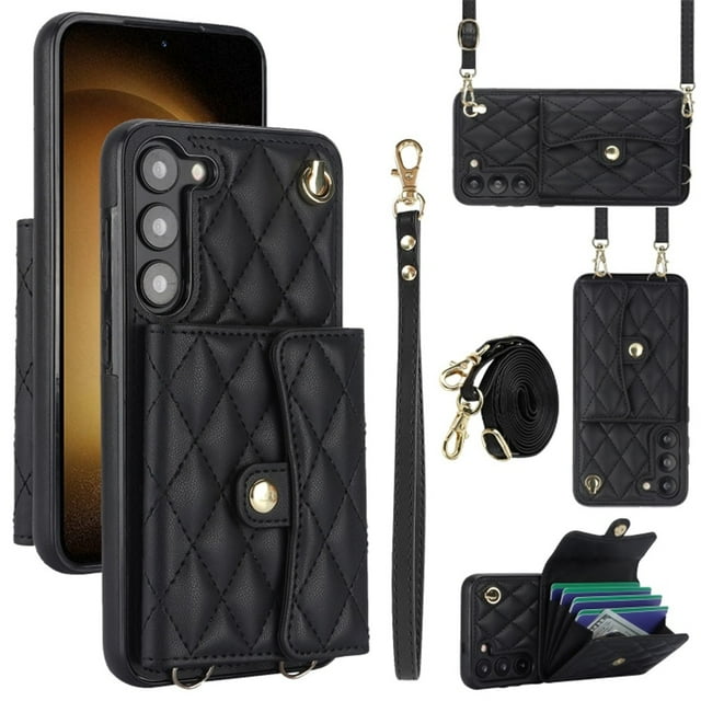 Samsung Galaxy S23+ Funda Protectora con Bloqueo para Billetera Funda con Tapa Magnética Bolsillo con Ranuras para Múltiples Tarjetas con Correa para el Hombro y Correa para la Muñeca Desmontables