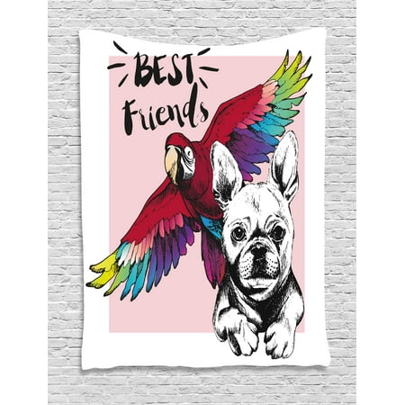 Modern Tapestry, French Bulldog and Tropical Parrot Figure with Best Friends Phrase Portrait Design, Wall Hanging for Bedroom Living Room Dorm Decor, 40W X 60L Inches, Multicolor, by