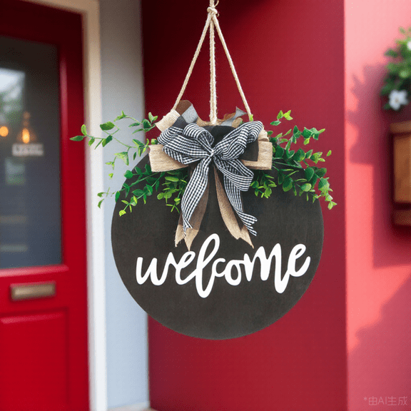 BESTYASH Round Wood Black Welcome Sign Front Door Hanging Decoration
