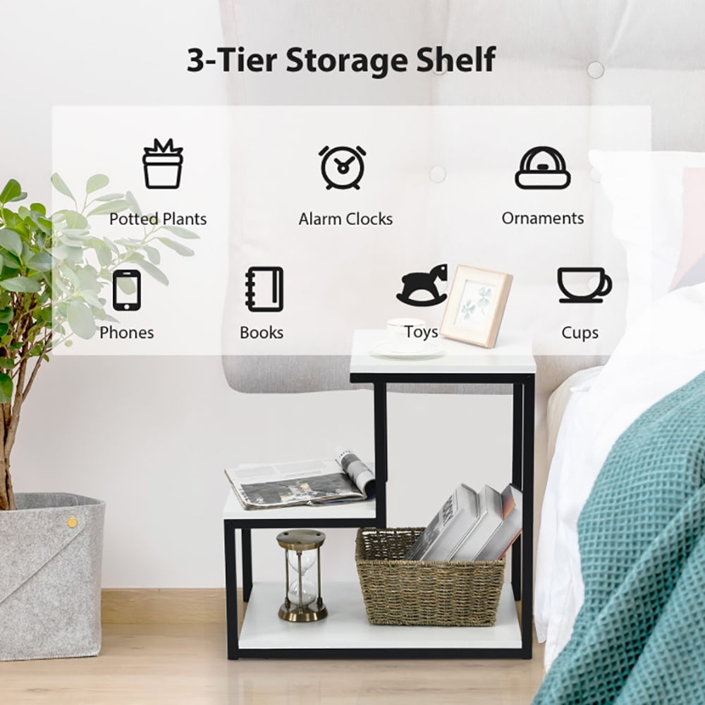 Finihen End Side Table, 3-Tier Ladder-Shaped Chair Side Table with Storage Shelf, Sofa Couch Table, for Small Spaces, Living Room, Bedroom, White Finihen End Side Table, 3-Tier Ladder-Shaped Chair Side Table with Storage Shelf, Sofa Couch Table, for Small Spaces, Living Room, Bedroom, White