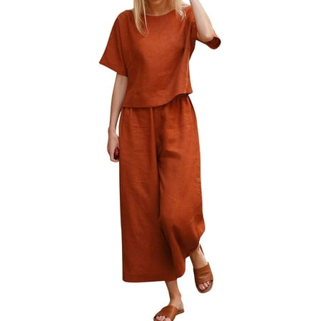 

QAFOPEH Women Round Neck Short Sleeve Wide Leg Solid Color Loungewear Set
