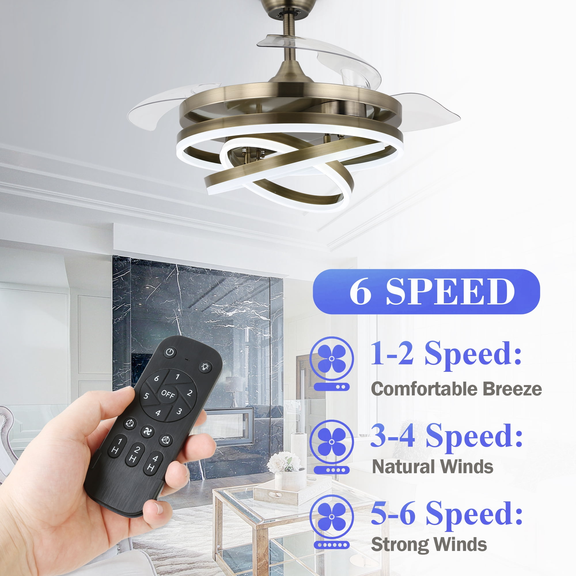 42Inch Modern Reversible Ceiling Fan with Dimmable LED Light, 6-Speed DIY Shape Retractable Ceiling Fan with Remote