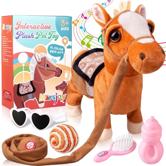 Walking Pony Toy Musical Singing Dancing Plush Interactive Pony Walk Along Toy Horse with Leash Pony Robot Plush Stuffed Animal Shaking Head Buttocks Toy for Boys & Girls Kids or Todd