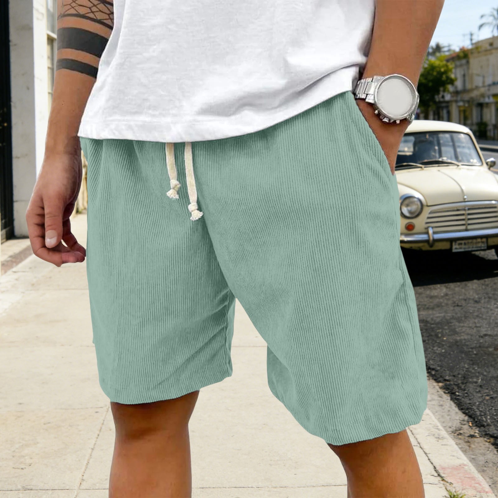 FUZHIQ Mens Shorts Casual 6 Inch Inseam Elastic Waist Solid Twill