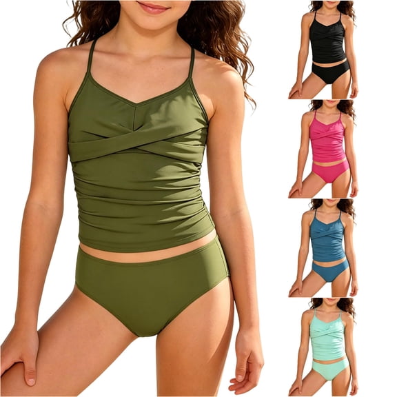 WERYOUNG Girls Swimsuit Sets 2 Piece Tankini Swimsuit Solid Color Tank Tops With Adjustable Straps Shorts For Girls Outdoor Pools Breathable Beachwear 10-11 Years