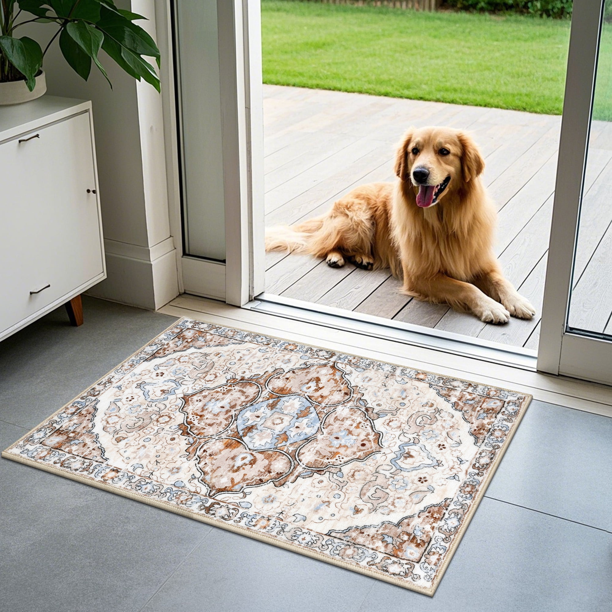 MeyJey Boho Indoor Living Room Area Rug 3'x5', Non-Slip Machine Washable Vintage Oriental Distressed Floor Carpet for Bedroom Dining Kitchen Hallway, Beige/Brown